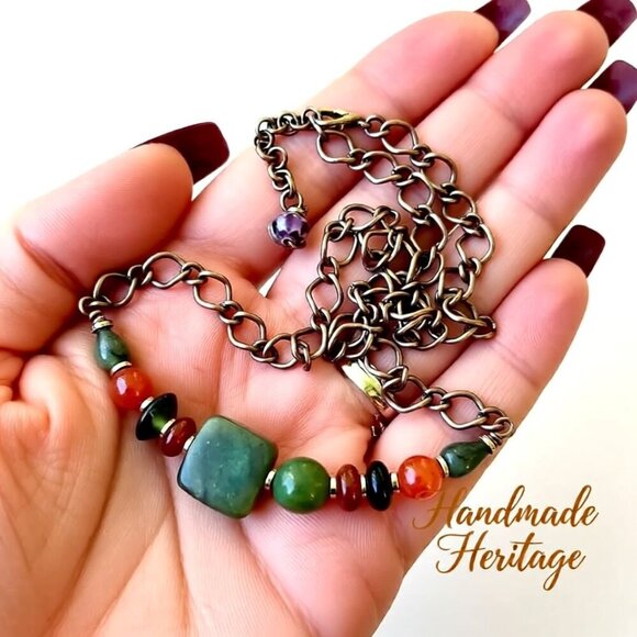 Handmade Asymmetrical Choker! Semi-Precious Stone Beads + Copper! Fall Colors! - Picture 3 of 15